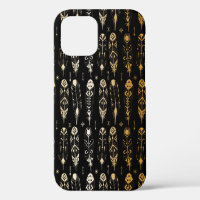 Textured golden feathers in tribal style. Seamless
