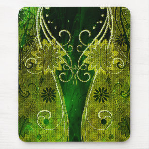 Textured Golden & Green Floral Swirls Mouse Pad