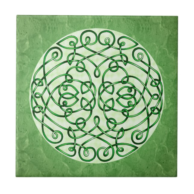 Textured Green Celtic Art Curls Ceramic Tile (Front)