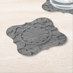 Textured Grey Teak Wood Scroll Design Custom Paper Coaster