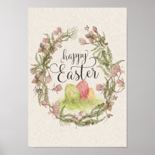 Textured happy easter floral wreath poster