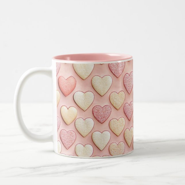 Textured Hearts Pink Valentines Day Two-Tone Coffee Mug (Left)