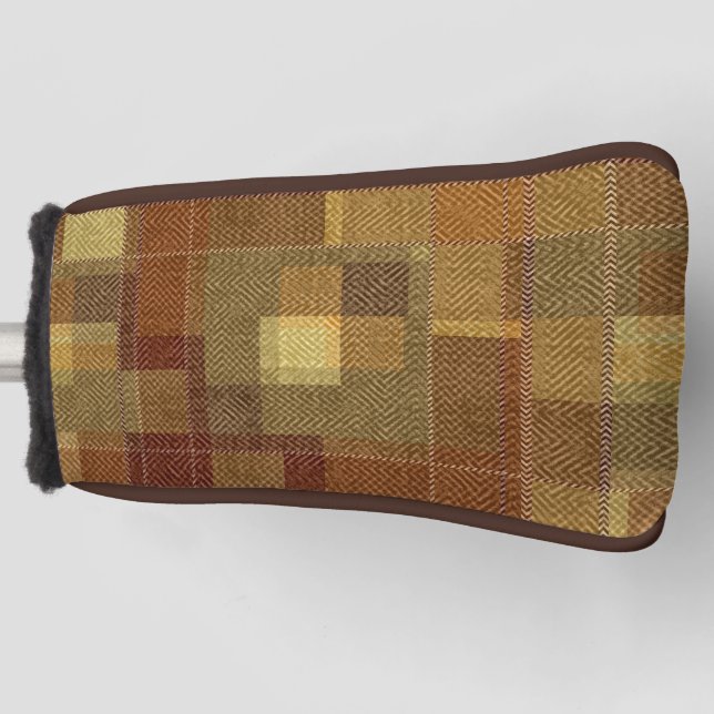 Textured monochrome brown tartan plaid. golf head cover (Front)