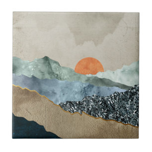 Textured Mountain Layers with Sunset Glow Ceramic Tile