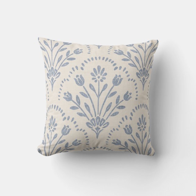 Textured Muted Blue Floral Scallop Pattern Cushion (Front)