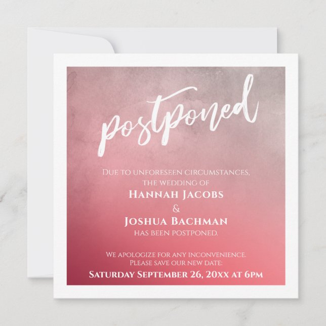 Textured Ombre Bold Pink Postponed Wedding Card (Front)