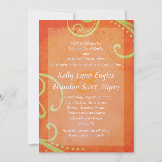 Textured Orange with Green Swirls Wedding Invite (Front)