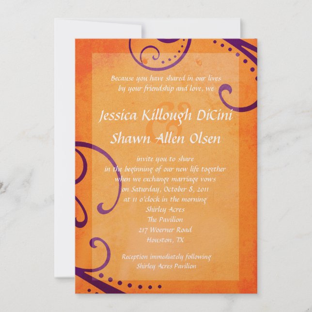 Textured Orange with Plum Swirls Wedding Invite (Front)