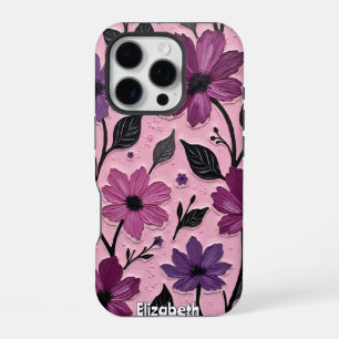 Textured Purple Flowers on Pink iPhone 16 Pro Case