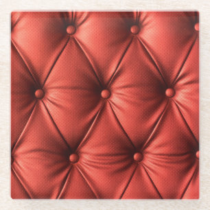 Textured Red Leather: Detailed Material Close-Up Glass Coaster