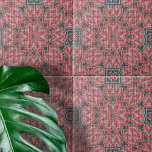 Textured Red White Grey Symmetrical Geometric Ceramic Tile<br><div class="desc">This is a beautiful ceramic tile that showcases a symphony of design and colour. The tile is adorned with an elaborate pattern of red floral motifs, outlined in white, which stand out against a dark grey textured background. Each flower is intricately designed with detailed patterns within its petals, adding to...</div>
