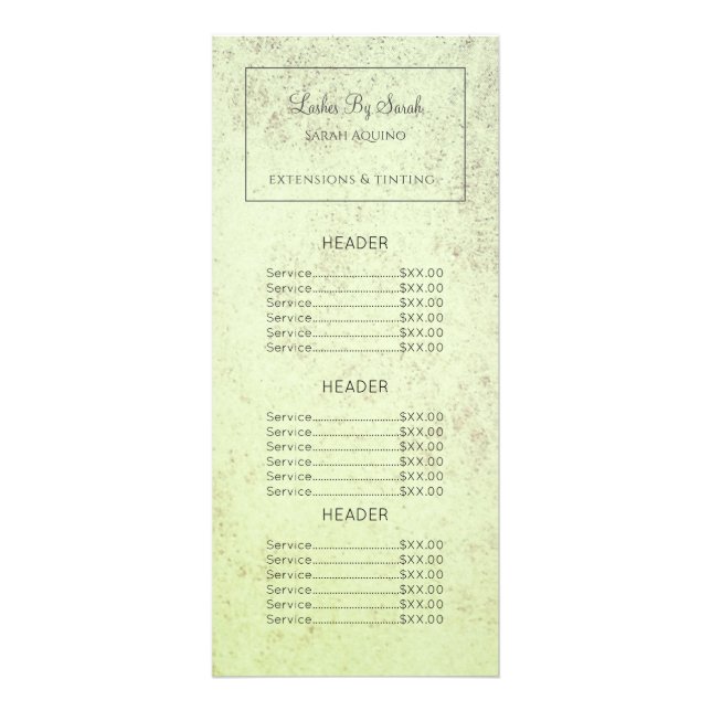 Textured sage green Lashes and Extensions Beauty Rack Card (Front)