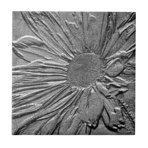 Textured Silver Daisy Floral Art Tile