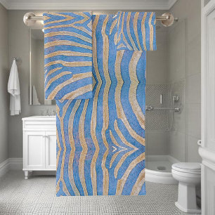 Textured, symmetrical blue and gold zebra pattern bath towel set