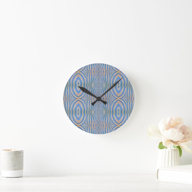 Textured, symmetrical blue and gold zebra pattern round clock (Home)