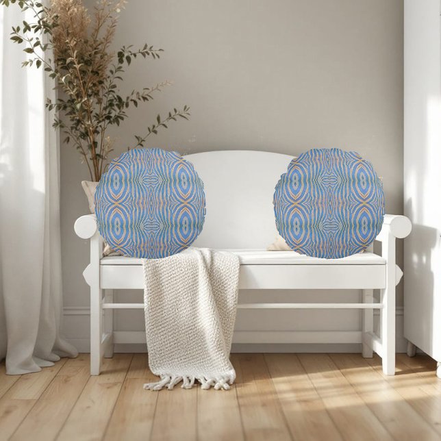 Textured, symmetrical blue and gold zebra pattern round cushion (Creator Uploaded)