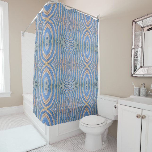 Textured, symmetrical blue and gold zebra pattern shower curtain (In Situ)