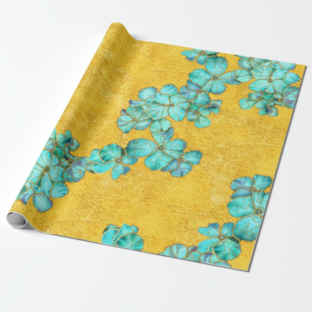 Textured Teal and Golden floral pattern Wrapping Paper (Unrolled)