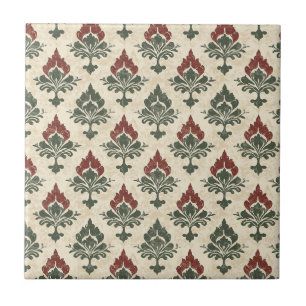 Textured Vintage Damask Red Green Beige Ceramic Tile
