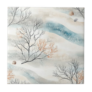 Textured Watercolor Coral in Orange & Slate Blue Ceramic Tile