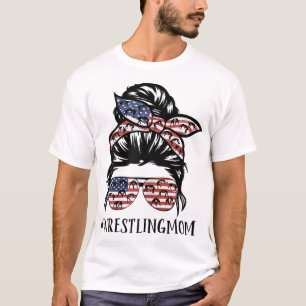 Th America Flag Messy Bun Wrestling Mum Life T-Shirt