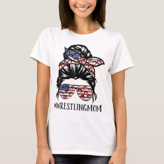 Th America Flag Messy Bun Wrestling Mum Life T-Shirt