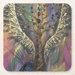 Th Divine Tree Of Life celestial wings and jewels Square Paper Coaster