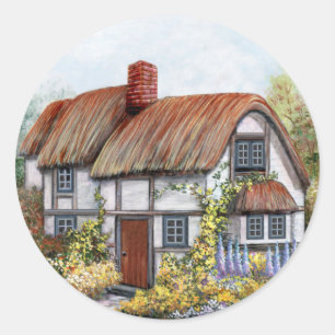 Thached Vintage Country Cottage Painting Classic Round Sticker