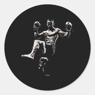 THAI BOXER MMA FIGHTER KICKING CLASSIC ROUND STICKER