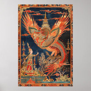Thai Dragon and Phoenix Art Print Traditional