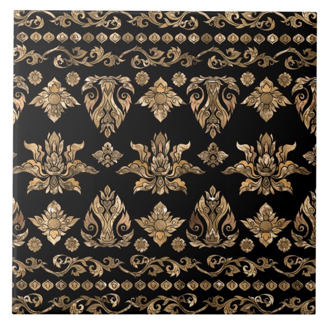 Thai Ornament - Gold and Black Ceramic Tile (Front)