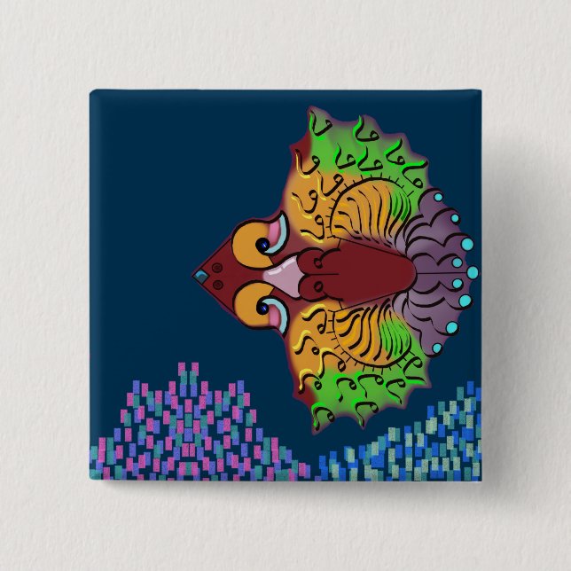 Thai Script Abstract Fish Art | 2" Square Button (Front)