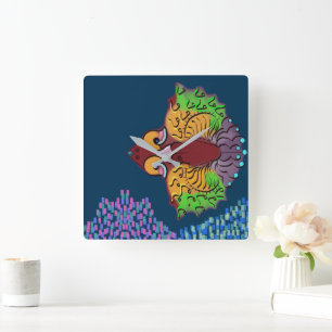 Thai Script Abstract Fish Art   Square Wall Clock