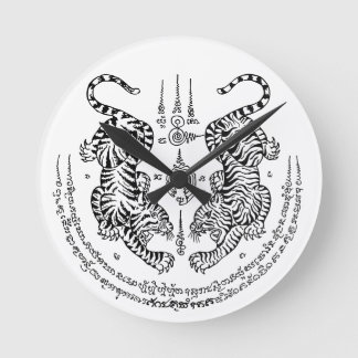 Thai Tattoo Designs Tiger " Yant Suea Koo “ Black Round Clock