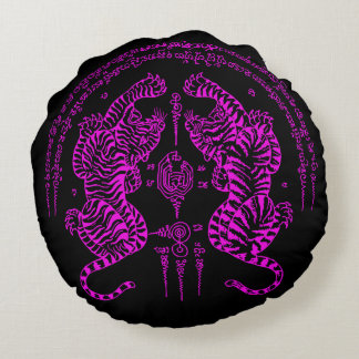 Thai Tattoo Designs Tiger " Yant Suea Koo " Pink Round Cushion