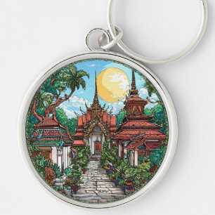 Thai Temple Surrounded by Vibrant Greenery Key Ring