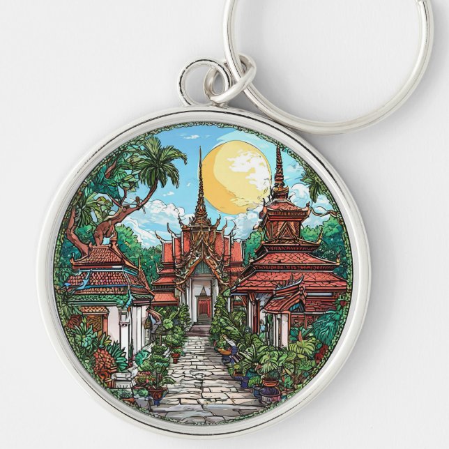Thai Temple Surrounded by Vibrant Greenery Key Ring (Front)