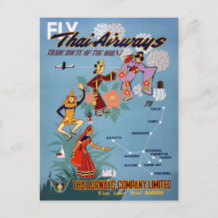 Thai Vintage Air Travel Poster Restored Postcard
