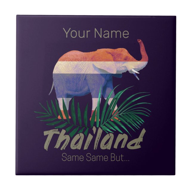 Thailand Elephant Flag Jungle Leaves Thai Souvenir Ceramic Tile (Front)