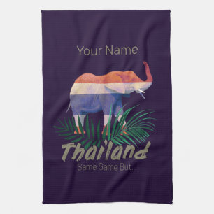 Thailand Elephant Flag Jungle Leaves Thai Souvenir Tea Towel