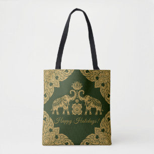 Thailand Elephant Happy Holidays Gift Gold & Green Tote Bag