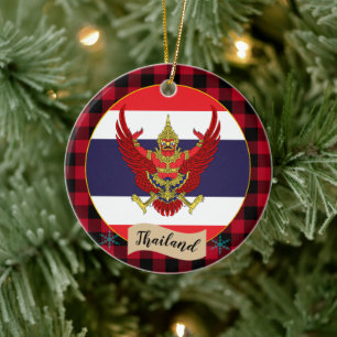Thailand, Red buffalo plaid & Thai Flag Ceramic Ornament