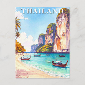 Thailand Vintage Travel Cliffs and Longtail Boats Postcard