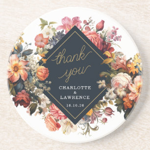 Thak You Wedding vintage orange floral design Coaster