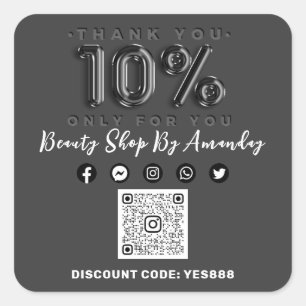 Thank 10% Off QR CODE Logo Discount Grey Black Square Sticker