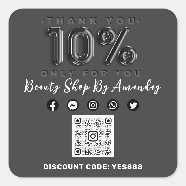 Thank 10% Off QR CODE Logo Discount Grey Black Square Sticker (Front)