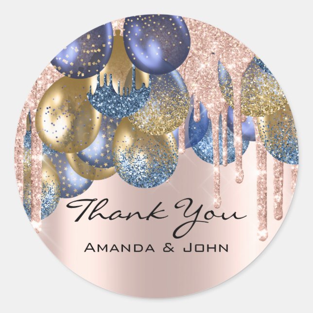 Thank 16th Bridal Wedding Ballon Blue Navy Drips Classic Round Sticker (Front)