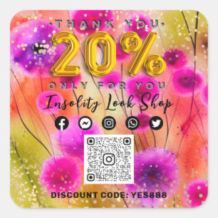 Thank 20%Off QRCODE Logo Discount Pink Floral Gold Square Sticker