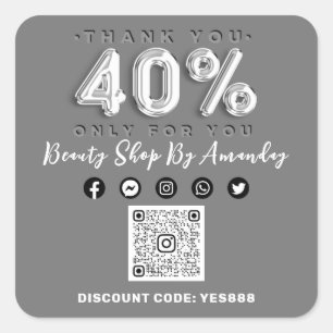Thank 40% Off QR CODE Logo Discount Grey Silver Square Sticker