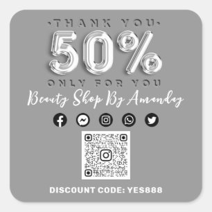 Thank 50% Off QR CODE Logo Discount Grey Silver Square Sticker